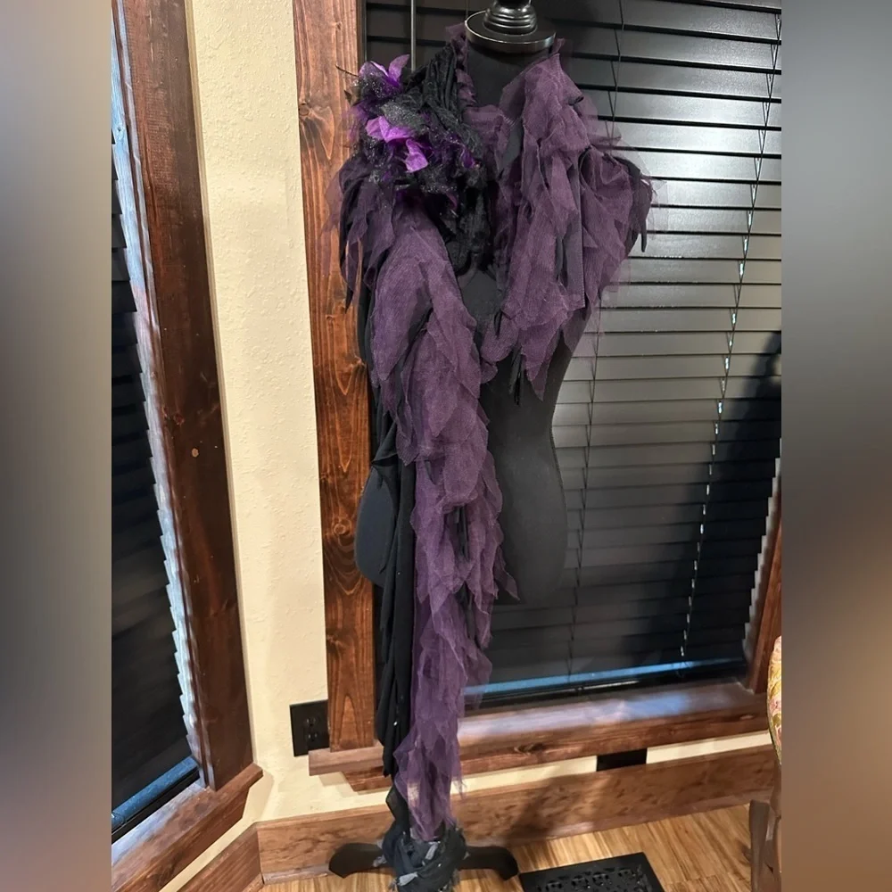 Gothic Black & Purple Tulle Shabby Chic Scarf Wrap Ruffle Flower Oversized Boho
